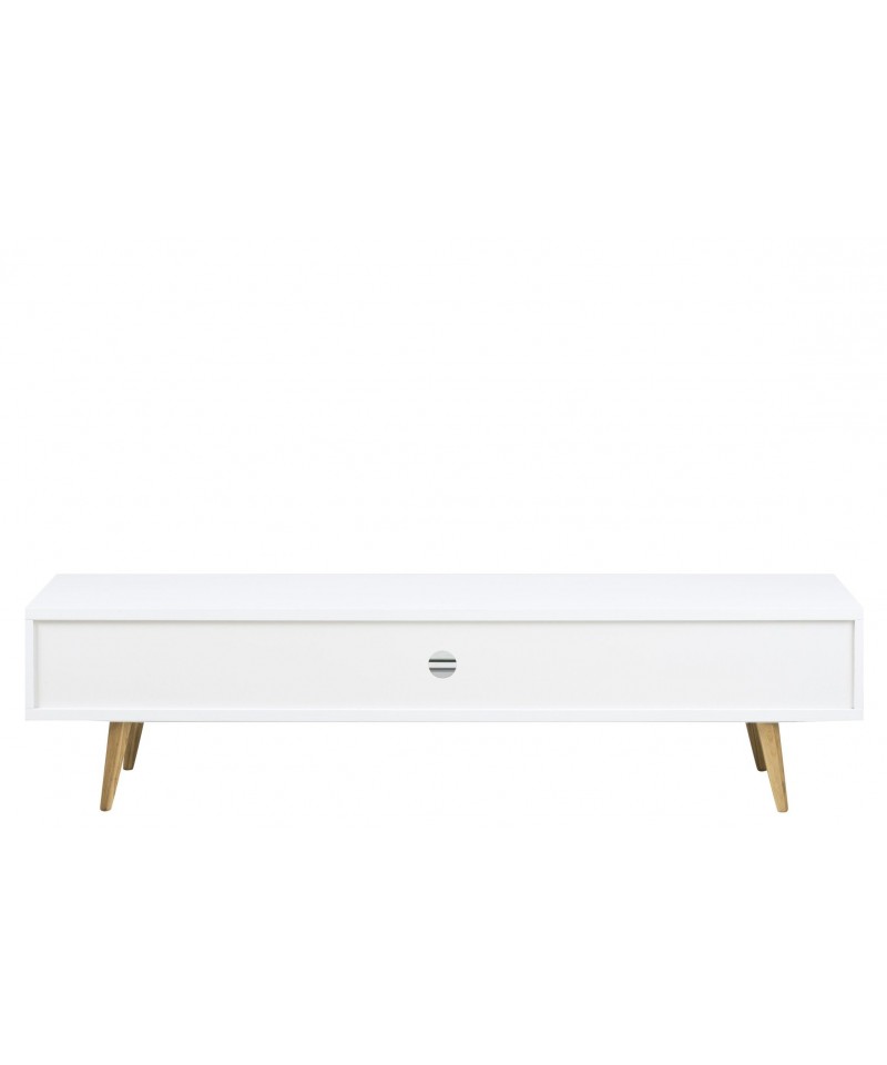 biała szafka pod telewizor lakierowana w białym kolorze z drewnianymi nogami