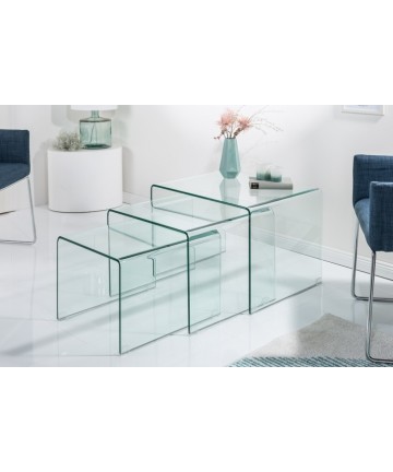 designerski komplet trzech szklanych stolików 
