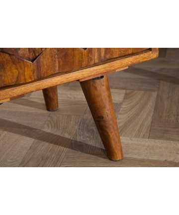 designerski , drewniany stolik z mozaikowymi szufladami 