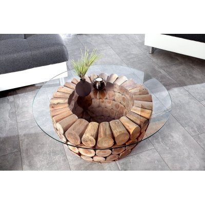 Stolik Rundes Teak & Glass 70 szklany drewno teakowe nowoczesny