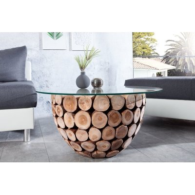 Stolik Rundes Teak & Glass 70 szklany drewno teakowe nowoczesny