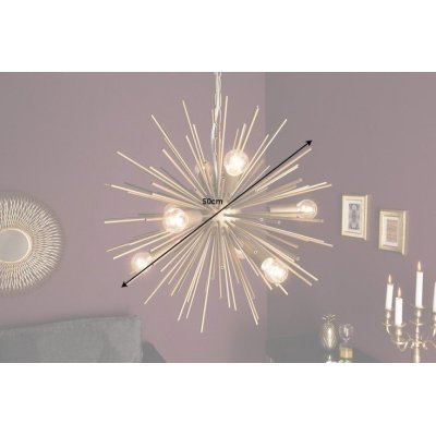 designerska wisząca lampa w złotym kolorze w kształcie słońca
